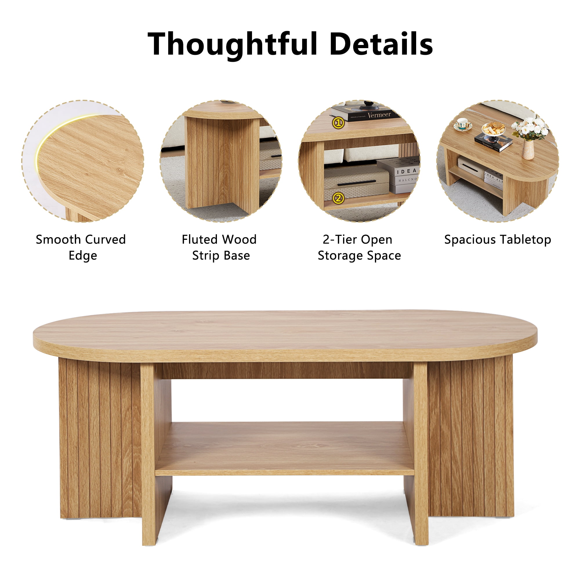 Wirrytor Oval Coffee Table, Coffee Tables for Living Room Small, Fluted Coffee Table with Open Storage Shelf, Farmhouse  Wood Center Table for 2-Tier Coffee Table, Natural
