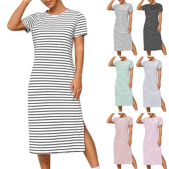 NSLGXD Striped Graphic Tee Shirt Dresses for Women Short Sleeve Round Neck Casual House Dress Loose Fit Cocktail-Length Lightweight Dress with Side Split White Dress,Size S-3XL