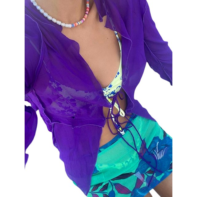 ZAXARRA Cardigan pour Femmes à Manches Longues, Imprimé Teinture sur Nœuds, Garniture de Champignons, Ouvert à l'Avant, Hauts à Nouer pour Jeunes Femmes