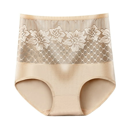 SNOWSONG Womens Underwear Clearance! Womens Plus Size High Waist Cotton Panties Tummy Lift Hip Floral Embroidery Triangles Seamless Underwear Plus Size Panties Cotton Panties for Women Beige 2XL