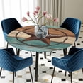 thumbnail image 3 of Texas Star Rustic Round Fitted Tablecloth with Elastic Edge, Waterproof Table Cloth Table Cover for 55"-60" Tables, Western Teal Brown Ombre Wooden Vintage Tablecloths for Dining Picnic Outdoor, 3 of 9