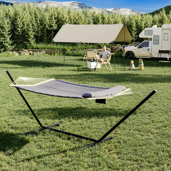 2-Person Hammock Suite with Collapsible Steel Frame – Backyard Oasis & Camping Essential Grade Outdoor Lounger for Patio(450lb Support, UV-Resistant Storage Bag)