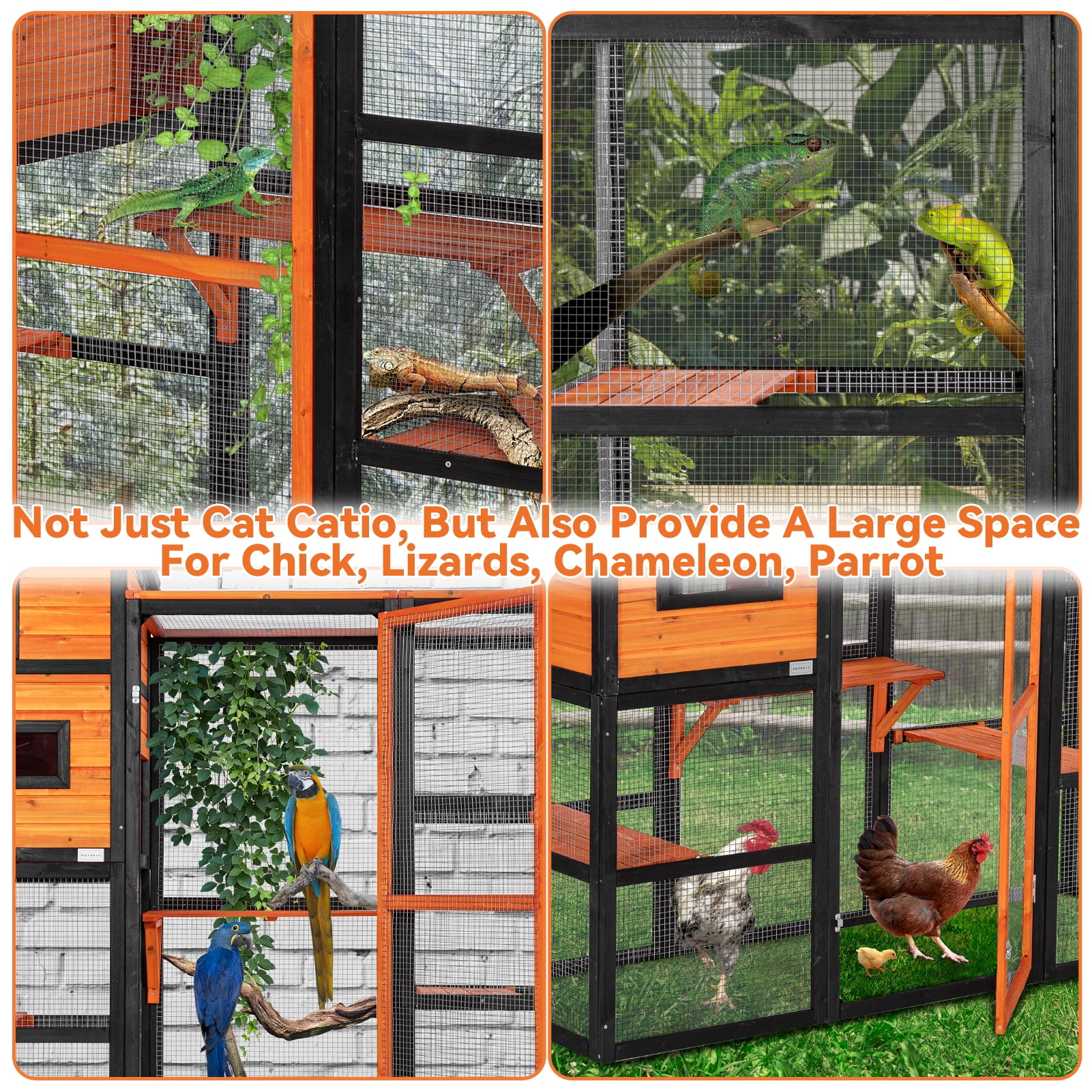Petsfit Large Wooden Outdoor Cat House with 2 Resting Rooms, 4 Platforms, and Waterproof Roof, Orange