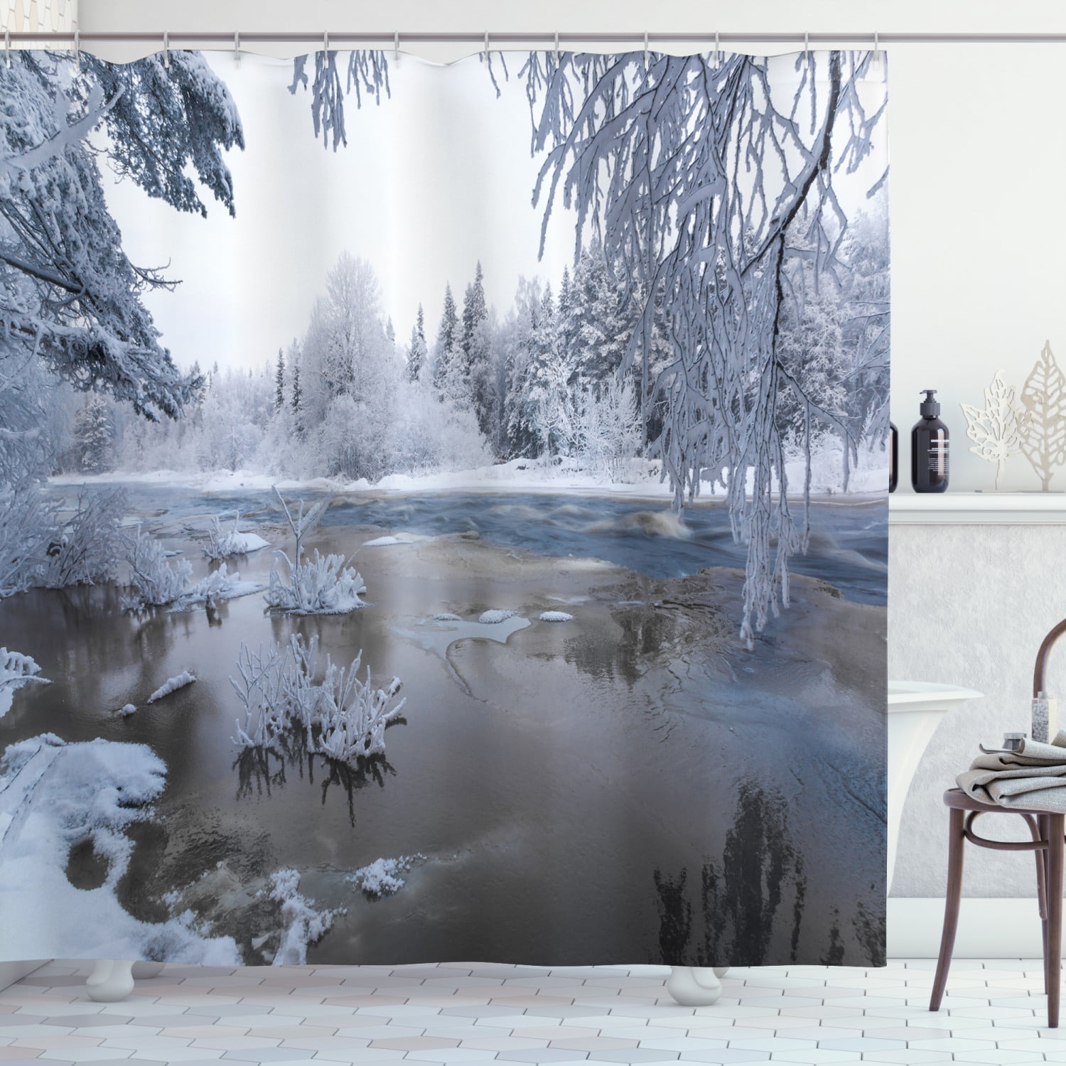 Ambesonne Winter Shower Curtain, Nordic Snow Nature Icy, 69"Wx70"L