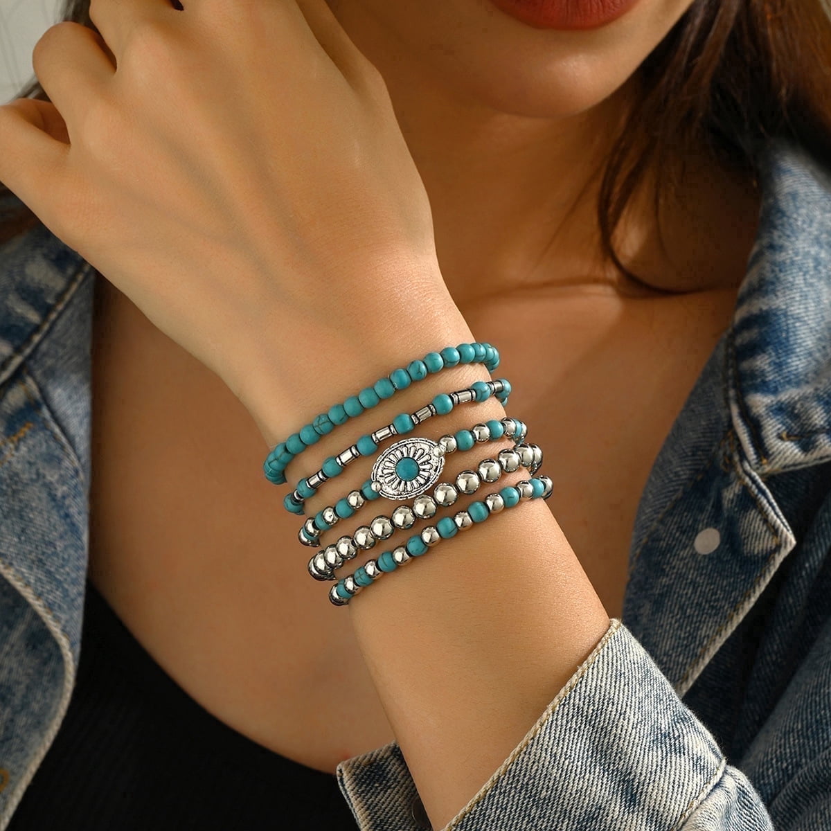 AQYYI Bohemian Turquoise Beaded Bracelet Set, Handmade Stackable Western Cowgirl Jewelry for Women