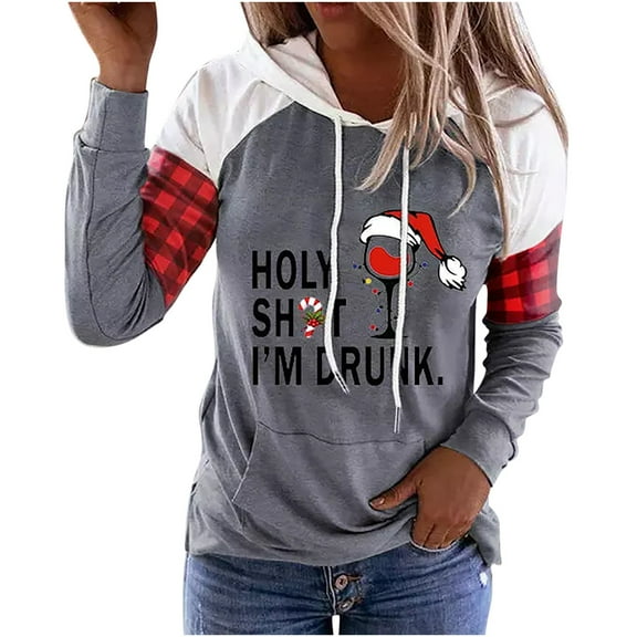 IROINNID Women's Long Sleeve Hoodie Mid-Length Print Loose Shirts Tops Christmas Sweatshirts Pullover, Gray