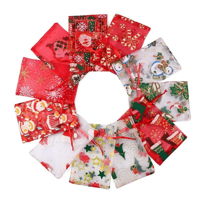 Juego de bolsas de regalo navideñas de organza, 50 piezas, pequeñas de 10 x 15 cm, grandes de 13 x 1