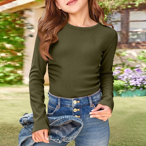 CCRFTGI Girls Long Sleeve Shirts Size 8 Crewneck Ruched Side Slim Fit Shirts Classic Ribbed Knit Cotton Teen Girls Tops Clothes Casual Basic Base Layer Tops Tees Army Green 7-8Y