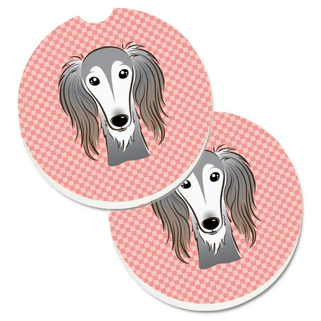 Checkerboard Pink Saluki Set of 2 Cup Holder Car Coaster
