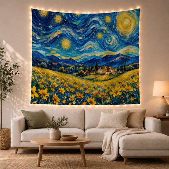 Sunflowers in a Field under Swirling Stars, Dreamy Illustration for Flower Lovers, Floral Night Decor, Housewarming Gift, Tapestry Wall Hanging for Bedroom and Living Room