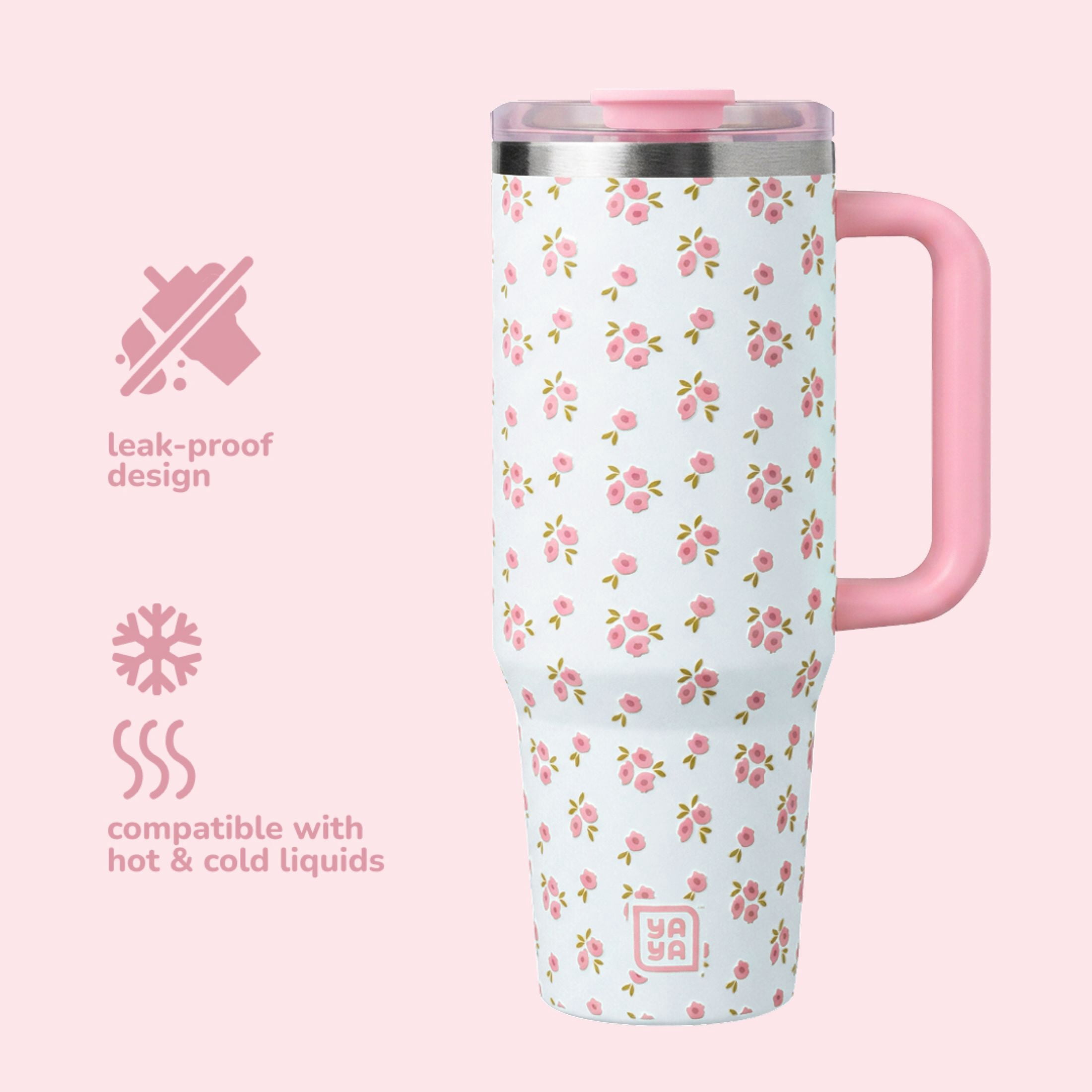 YAYA Mom & Me Tumbler Set, Matching Insulated Stainless Steel Tumblers with Spill-Proof Toddler Tumbler & Reusable Straw, Ergonomic Grip Handle, Dishwasher Safe, 40oz + 12oz, Floral