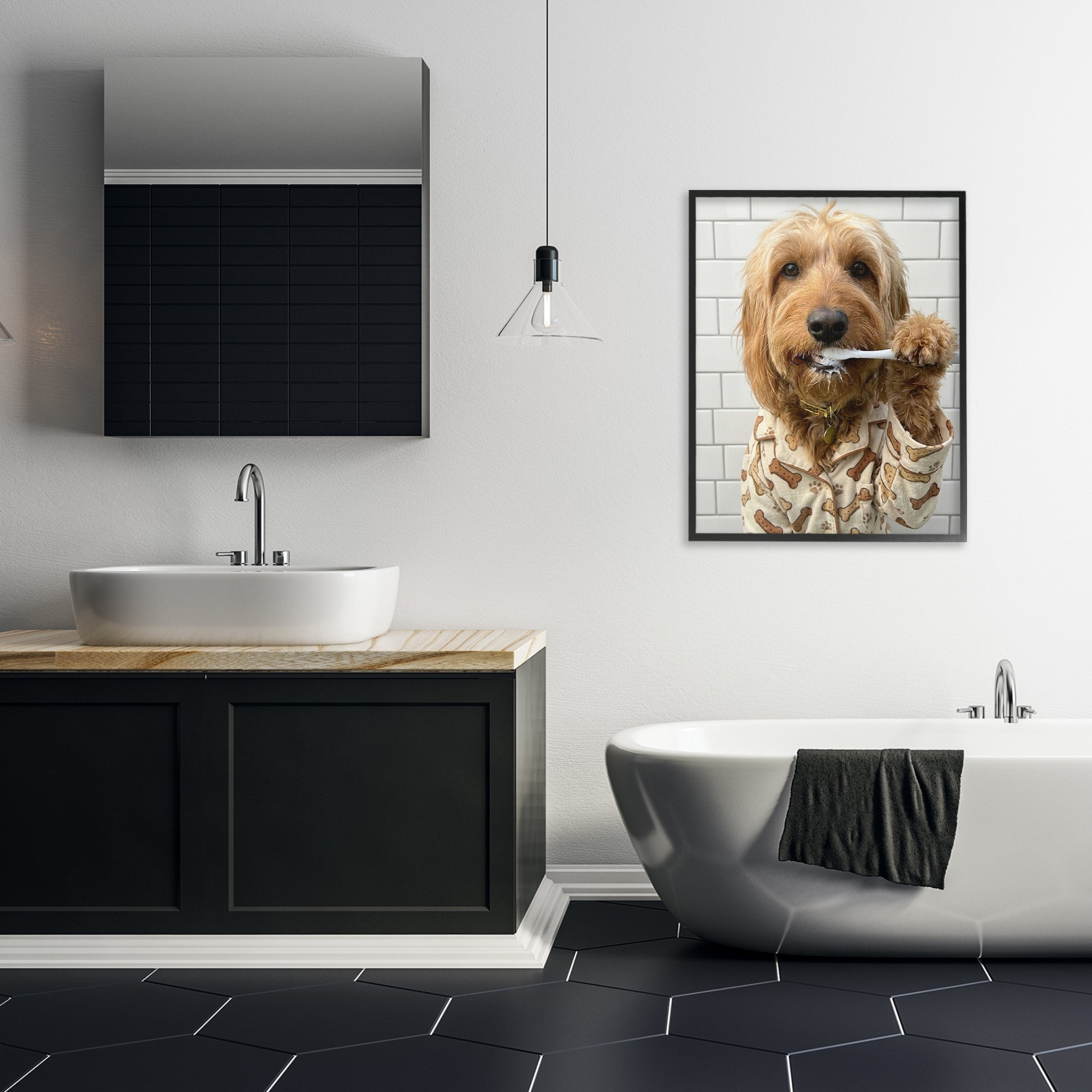 Stupell Industries Realistic Dog Brushing Teeth Black Framed Giclee Art, design by Abigail Walker