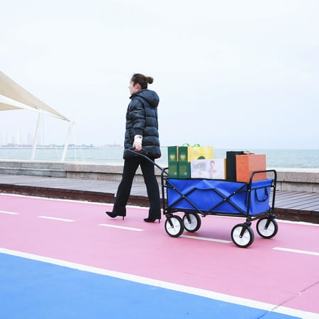Beach Carts for Sand, Heavy Duty Folding Utility Wagon, Collapsible Wagon Cart w/ Drink Holder, All-Terrain Wheels, Garden Wagon for Shopping Outdoor Beach Camping, 150 Pound Capacity, Blue, (Best Garden Cart 2019)