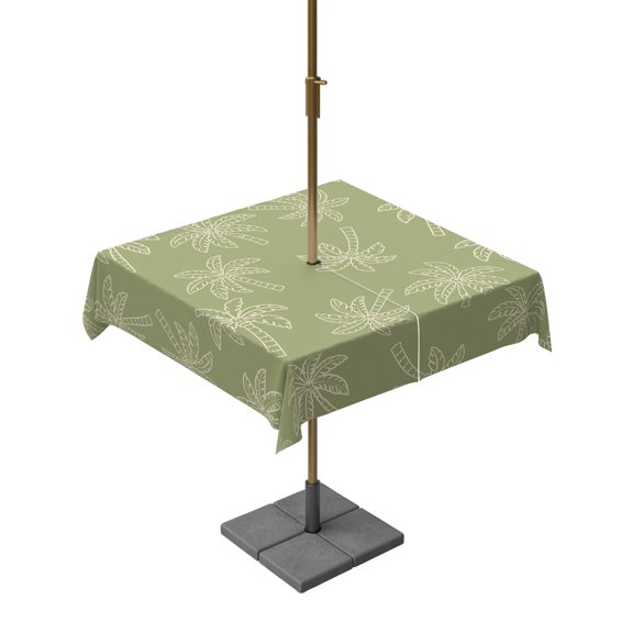 Outdoor Tablecloth with Umbrella Hole, Summer Tropical Coconut Trees Zippered Table Cloth for Rectangle Tables, Sage Green Background Washable Waterproof Tablecloths for Picnic Patio Garden