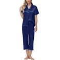 thumbnail image 4 of Juosiy Women Simpe Fashion Ice Silk Satin Sleepwear Solid Color Smooth Lapel Short Sleeve Capri Pajamas Home Suit, 4 of 7