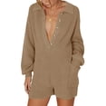 thumbnail image 1 of xiaxaixu Women’s Ribbed Knit Rompers Long Sleeve Solid Color Button Down Jumpsuit Shorts Loungewear, 1 of 8