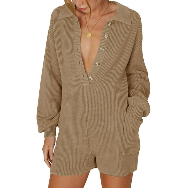 xiaxaixu Women’s Ribbed Knit Rompers Long Sleeve Solid Color Button Down Jumpsuit Shorts Loungewear