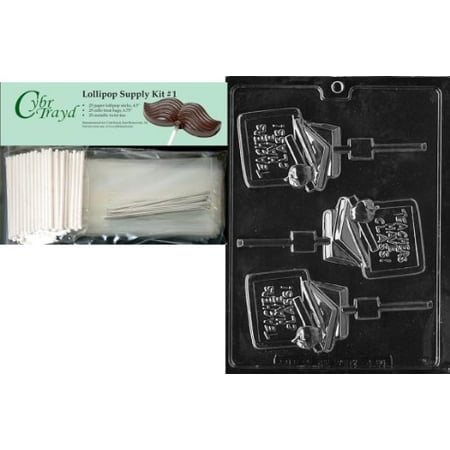 Teacher Bundle - Cybrtrayd Teacher Lolly Jobs Chocolate Candy Mold with Lollipop Supply Bundle of 25 Lollipop Sticks, 25 Cello Bags, 25 Silver Twist Ties and Instructions