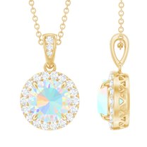 Rosec Jewels Real Ethiopian Opal Pendant for Women with Moissanite Halo (8 mm, AAA Grade), 14K Yellow Gold