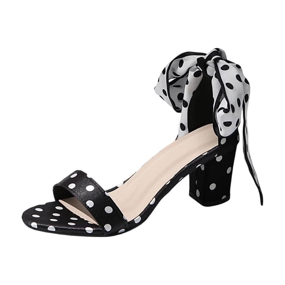 HomeDM Women's Block Chunky Heels Sandals Open Toe Ankle Strap Lace Up Polka Dot Dress Pump Shoes for Party Wedding, Black Size 6.5