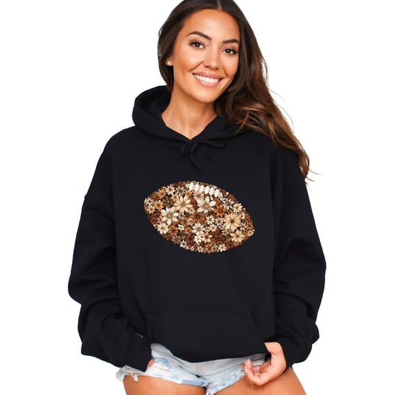Floral Football Hoodie for Women & Teen Girls Boho Game Day Sweatshirt, Black Hoodie, M