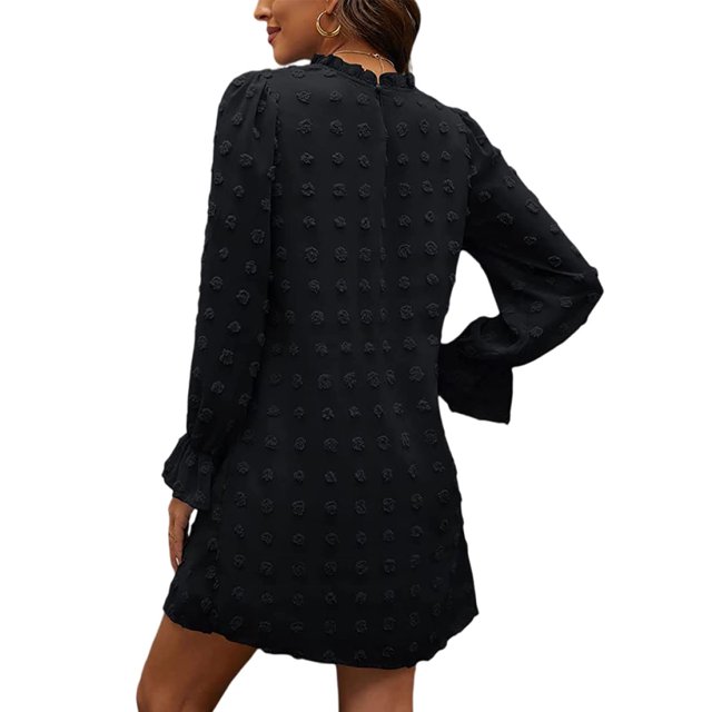 Vestido De Manga Larga Con Cuello Redondo, Estampado De Lunares, Cuello Redondo, Manga Larga Abullonada, Gasa Para Vacaciones Para Mujeres Para Citas ANGGREK XL negro