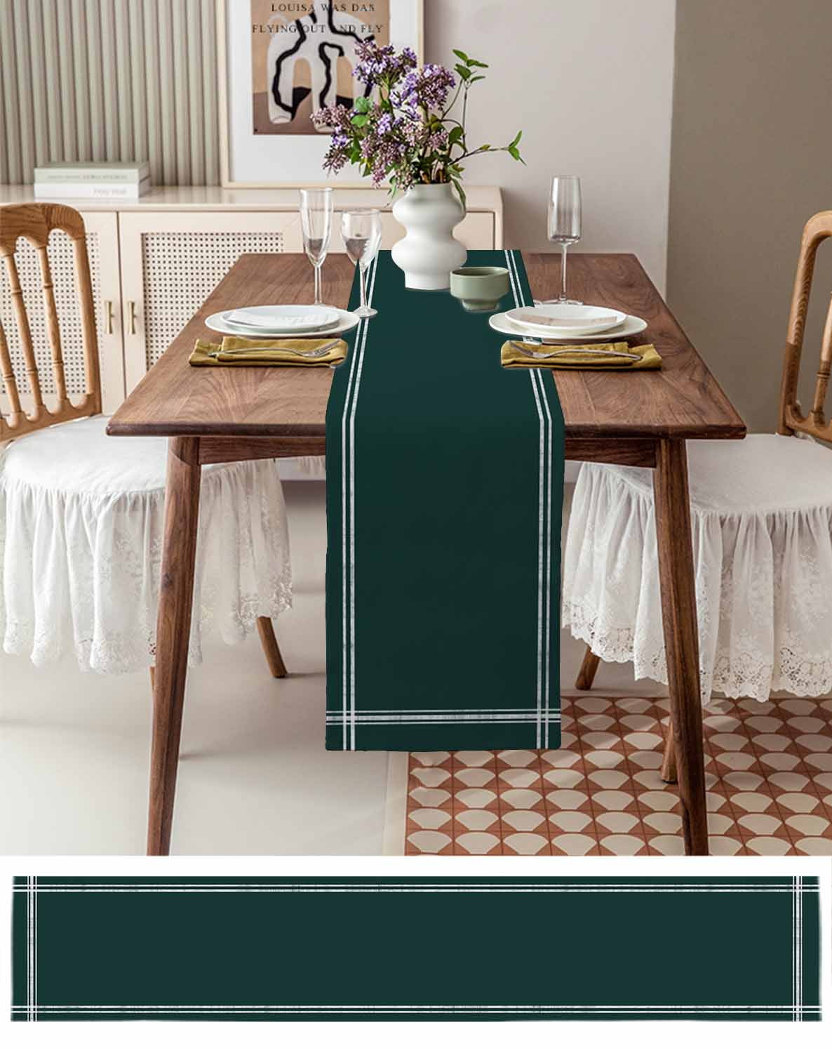 Table Runner Dresser Scarves 72 Inch Long,Minimalist Art Solid Dark Green Linen Dining Table Runners Plain Single Pure Color Tabletop Scarf for Wedding Holiday Party Kitchen