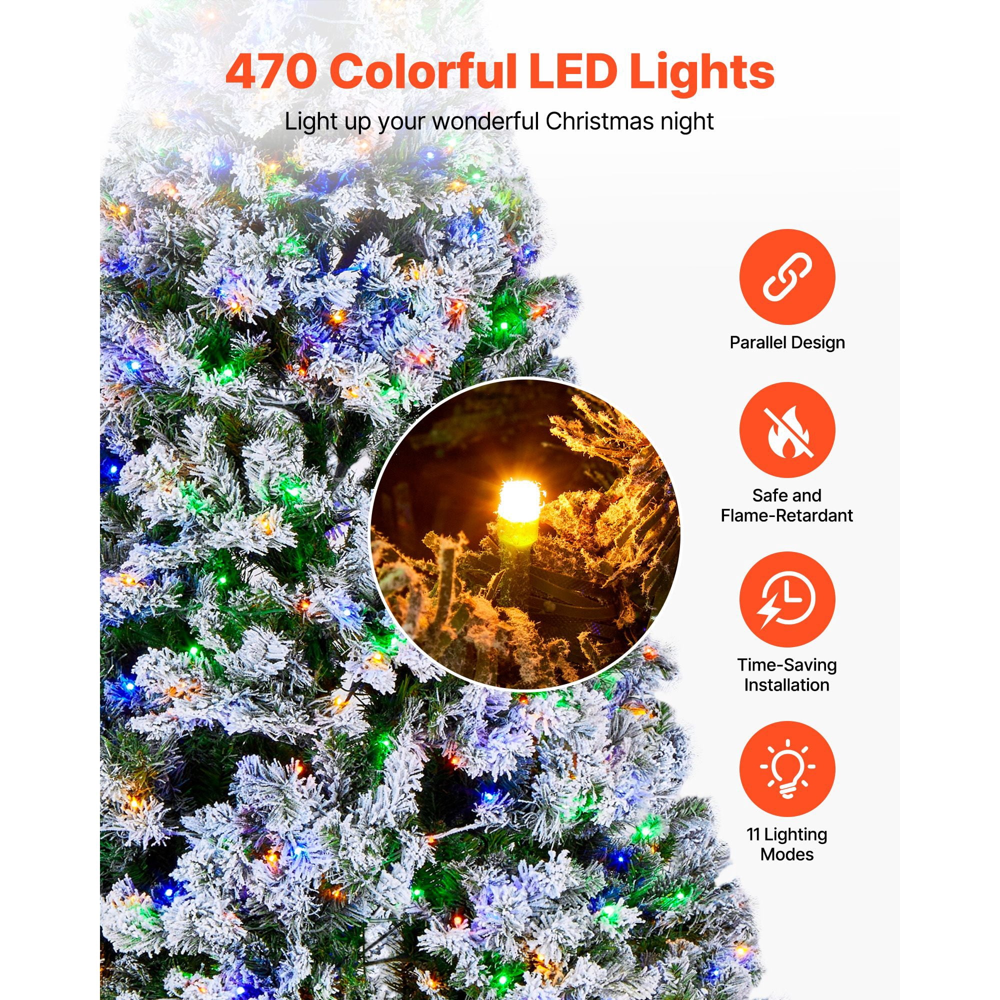 Christmas Tree, 7.2ft Prelit Flocked Artificial Tree, Full Holiday Xmas Deco Trees with 470 Colorful LED Lights, 11 Lighting Modes & 1346 Branch Tips for Home Party Office Decoration
