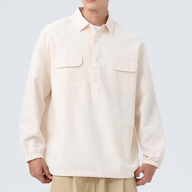 Blusa y camisa de manga larga con cuello vuelto para hombre, estilo casual, color liso, bolsillos cargo, botones y cremallera, blusa de manga larga con cuello vuelto, blusa de poliéster para hombre