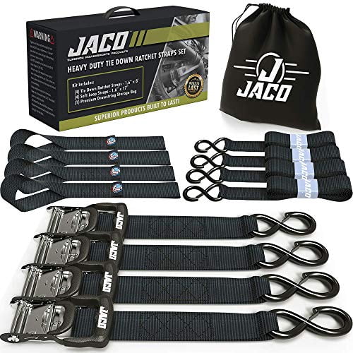 JACO Ratchet Tie Down Straps - 1.6" x 8 ft | Heavy Duty Tie Down Kit with Soft Loops - 5,208 lbs (Black)