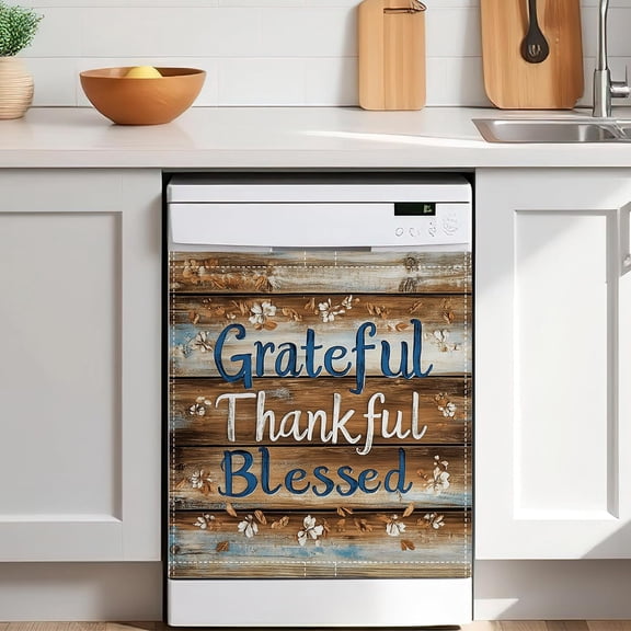 Thankful Grateful Blessed Dishwasher Magnet Cover 23x26 in,Removable Magnetic Dishwasher Door Cover,Decorative Refrigerator Panel Sticker for Kitchen Home Decor