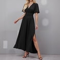 thumbnail image 2 of Vestido largo elegante de cuello en V y cintura alta para mujer: mangas plisadas, abertura lateral, fruncido, vestido de noche para bodas y fiestas., 2 of 5