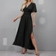 thumbnail image 2 of Vestido largo elegante de cuello en V y cintura alta para mujer: mangas plisadas, abertura lateral, fruncido, vestido de noche para bodas y fiestas., 2 of 5