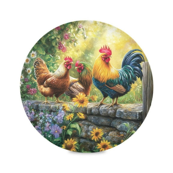 WOBOGO Beautiful Rooster Round Placemats Set of 1 Heat Resistant Washable Kitchen Table Decorations 15.4in
