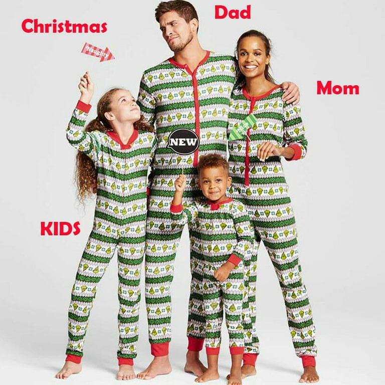 Christmas Family Matching Pajamas Onesie Cartoon Animal Print Sleepwear Set Green Striped Nightwear