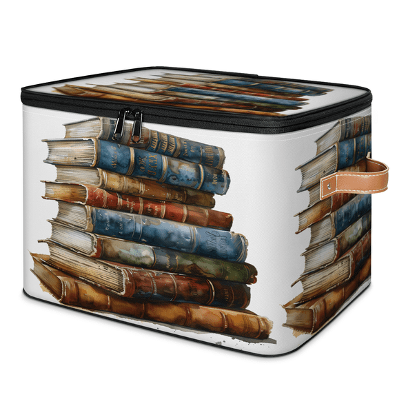 CURLYOOT Vintage Book Storage Bin with Zipper Lid, Fabric Decorative Lidded Storage Baskets Boxes, Foldable Organizer Container Basket for Bedroom Closet Shelf