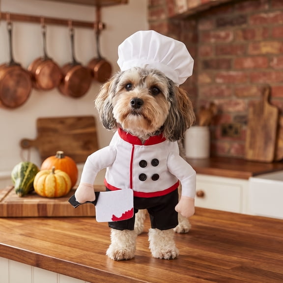 Aximioll Dog Chef Costume, Halloween Pet Cosplay Outfit, Funny 3D Standing Dog Clothes with Chef Hat, Party Holiday Photo Prop for Small Medium Large Dogs, White/M