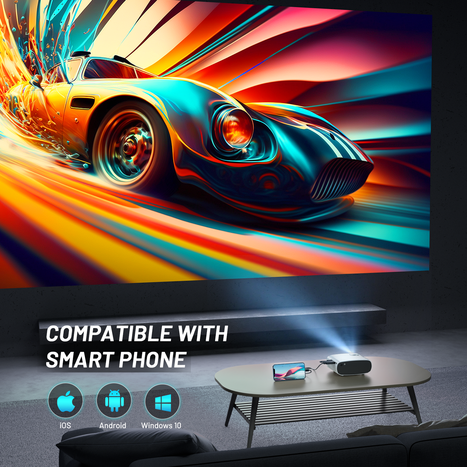 Mini Projector, Portable Projector 1080P, Movie Projection Compatible with Android/IOS White 1PC