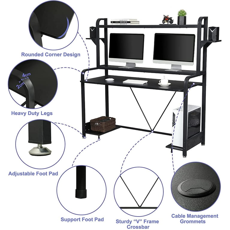 Computer Desk with Monitor Shelf and Storage Large PC Gamer Desk Workstation Gaming Table for Bedroom Home Office Black