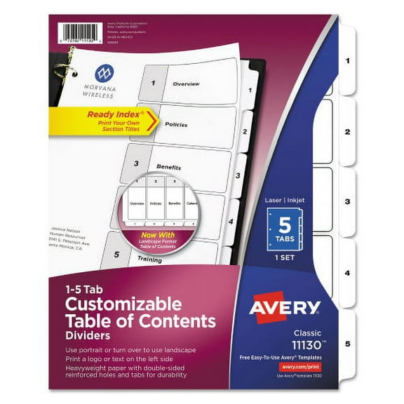 Avery Customizable TOC Ready Index Black and White Dividers, 5-Tab, 1 to 5, 11 x 8.5, 1 Set, Each