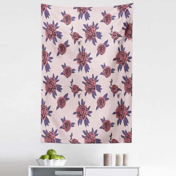 Floral Tapestry, Vintage Grown Peony Flowers with Leaves in Continuous Pattern, Fabric Wall Hanging Decor for Bedroom Living Room Dorm, 5 Sizes, Blush Pale Eggplant, by Ambesonne