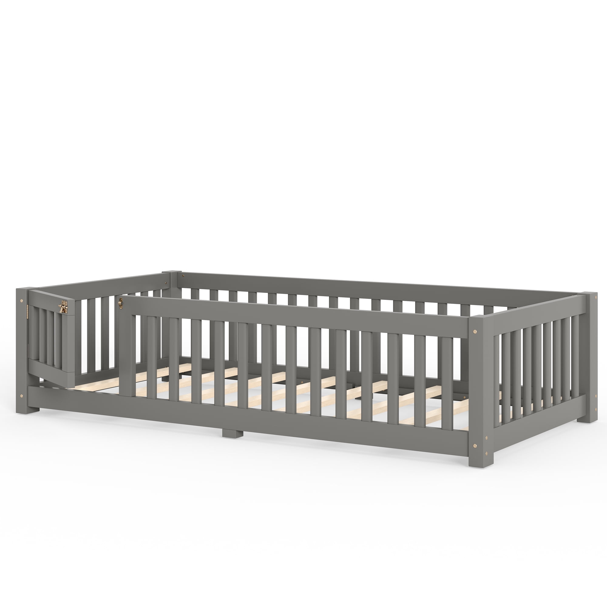 Twin Size Kids Floor Bed with Door and Full-Length Guardrails, Wood Montessori Floor Bed with Support Slats, Toddler Bed for Boys Girls, No Box Spring Needed Design