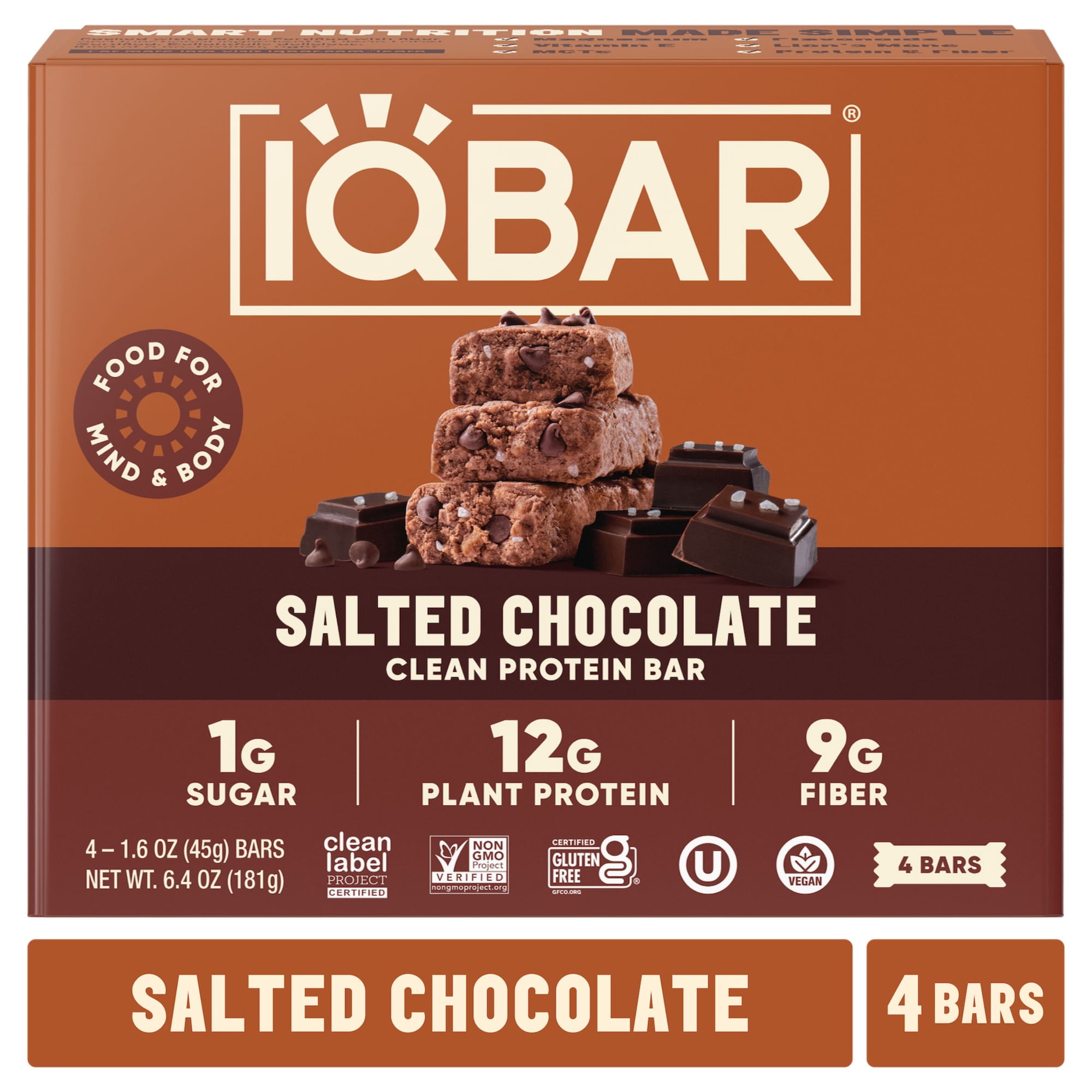 IQBAR Salted Chocolate Protein Bars - Vegan Energy Bars - High Fiber Vegan Snacks - 4 Count Box