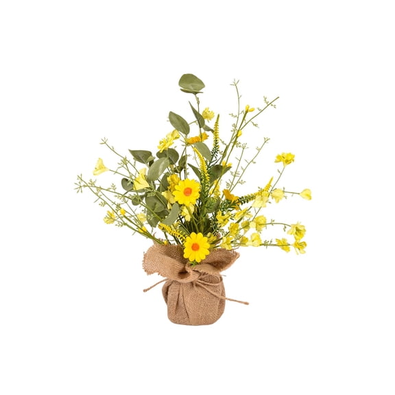 YuanGuangQ Yellow Artificial Wildflower Bouquet, Fake Daisy Eucalyptus Arrangement in Burlap Pot, Faux Flower Bouquet for Living Room Dining Table Decor