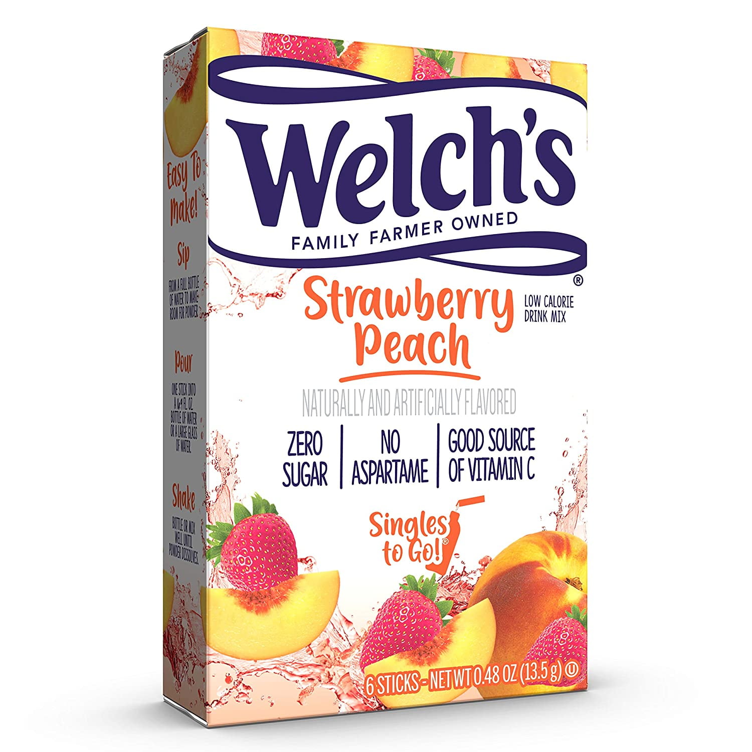 Welch's Strawberry Peach Singles To Go Drink Mix, 0.48 oz, 6 CT (Pack-12)