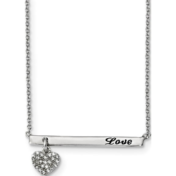Sterling Silver Rhodium Plated Cz Heart With Antiqued Love Bar 16In Necklace (16 X 1.33) Made In China -Jewelry By Sweet Pea