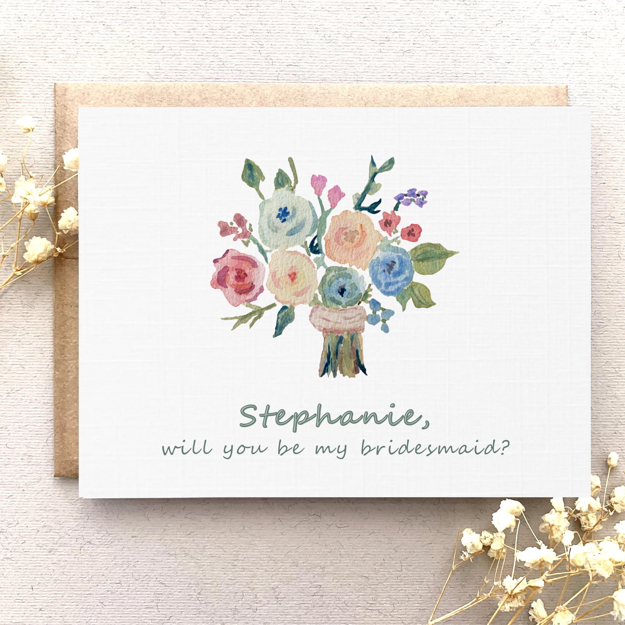 Personalized Stephanie Will You Be My Bridesmaid Card, Watercolor Floral Bouquet Illustration for Wedding Proposal
