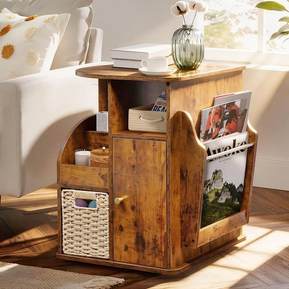 Rotating End Table With Storage, Round Swivel Side Table For Living Room Bedroom, Multi Compartment Organizer With Magazine Rack And Woven Basket, Rustic Brown