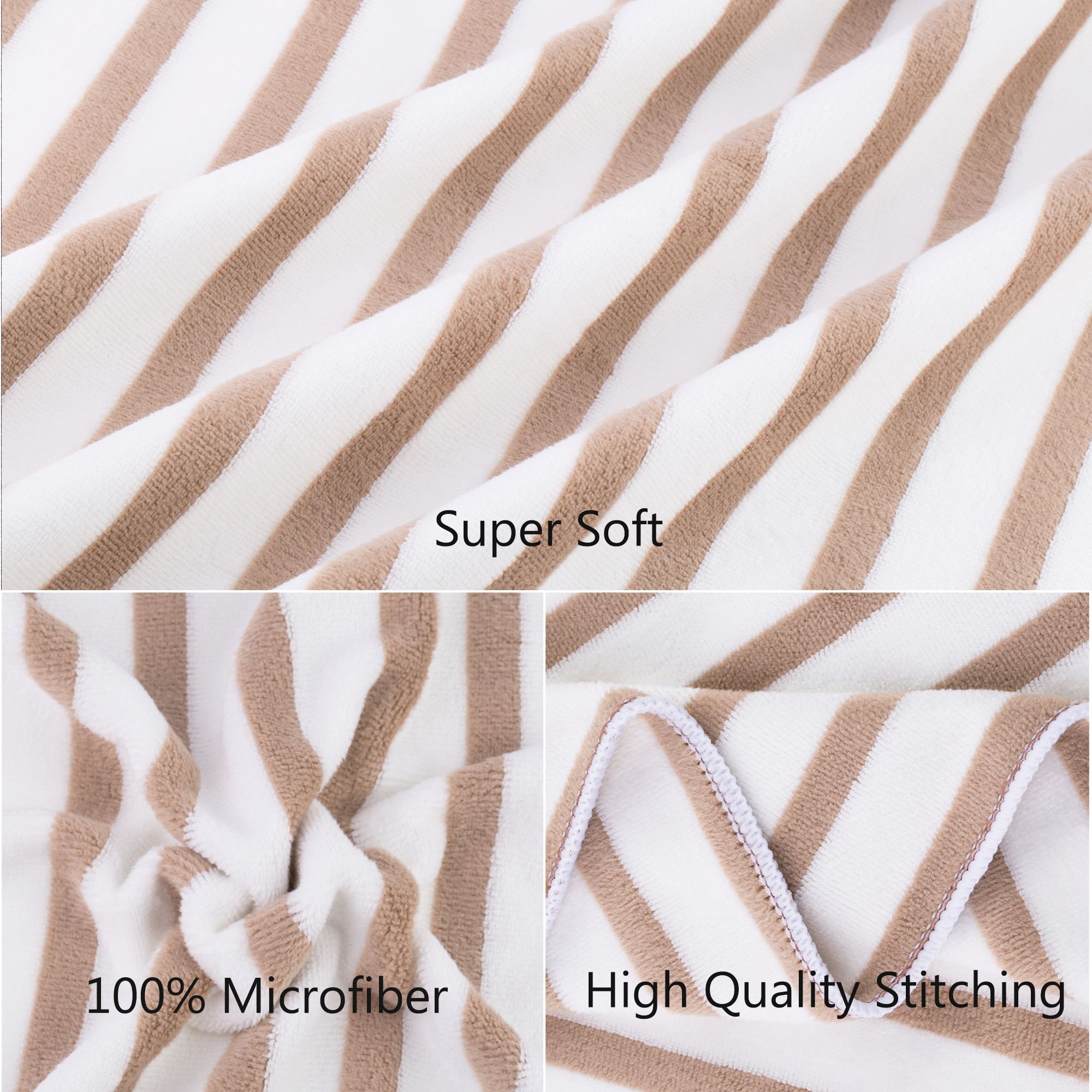 JML Soft Microfiber Bath Towel Set 2 Piece,Cabana Stripe Bath Towel, Beach Towel, Brown