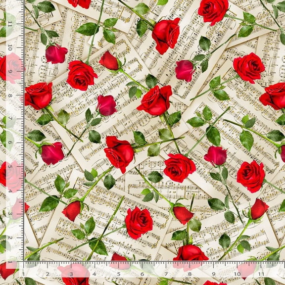 Cotton Roses on Music Sheets Flowers Piano Cream Timeless Treasures Cotton Fabric Print by the Yard (MUSIC-CM3240-BEIGE)